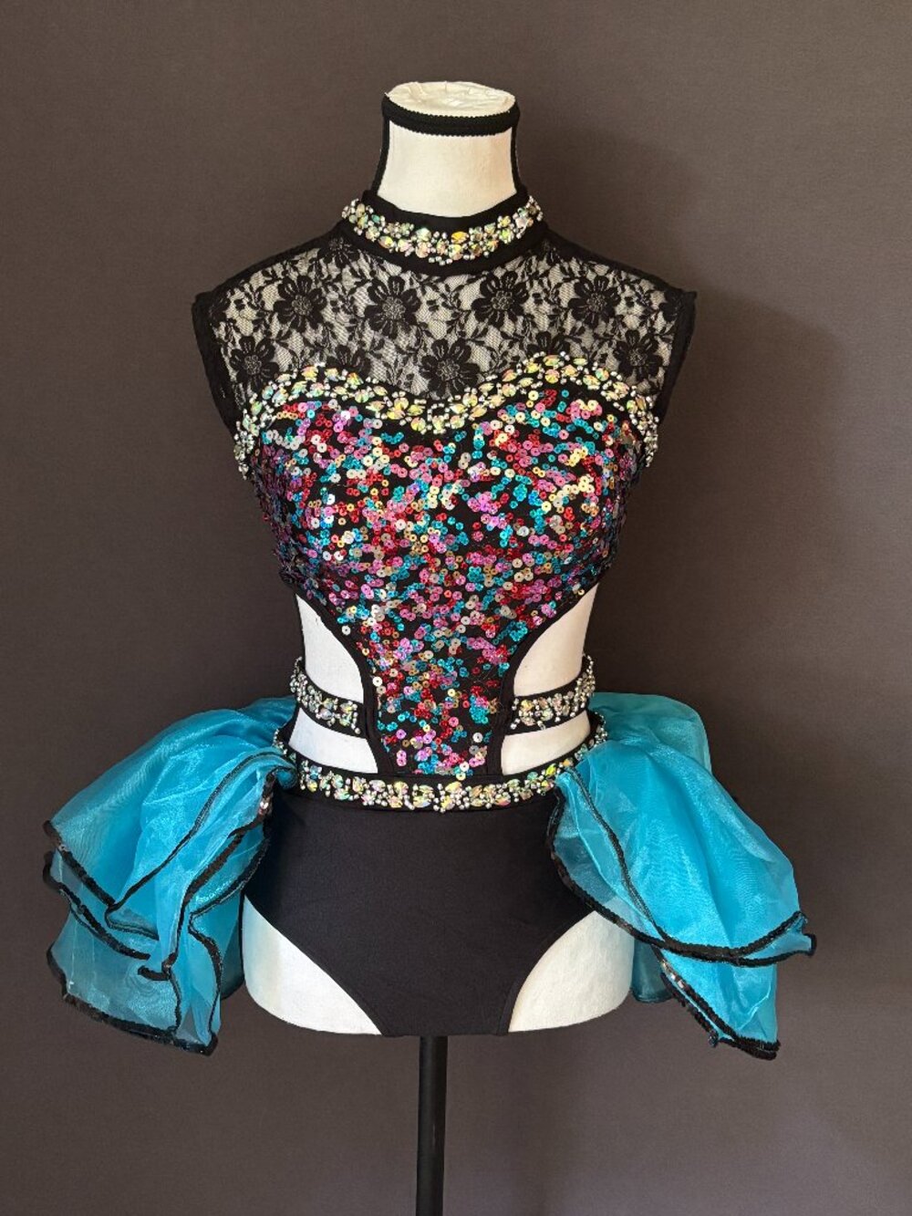 Glamour Costumes Black Turquoise Lace Sequin High Neck Bustle Dance Costume SA